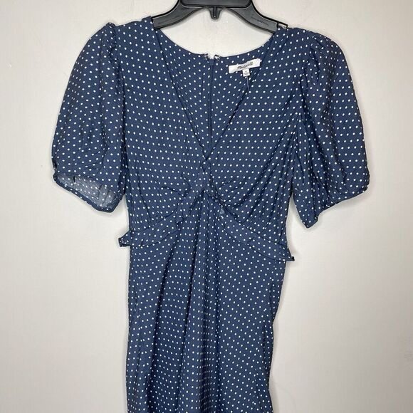 MADEWELL Mini Dress Women 0 Blue Polka Dot Ruffle NEW Puff Sleeve NP106 - Picture 6 of 16